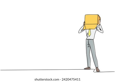 Continuous one line drawing of businessman stood up and covered head with cardboard. Businessman who are embarrassed because unable to pay several bills. Single line draw design vector illustration