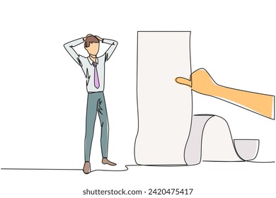 Continuous one line drawing of businessman stood in shock, holding head with both hands, looking at bill thrust by the hand. Man who have online bills must be paid immediately. Single line draw vector