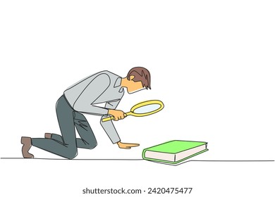 Empresario de dibujo de línea continua sosteniendo una lupa mirando el libro. Buscando conocimiento sobre franquicias de un libro de estudio científico. Ilustración vectorial de diseño de líneas simples
