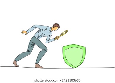 Continuous one line drawing of businessman holds magnifying glass highlights shield. Establish multiple layers of protection for security of business transactions. Single line draw vector illustration