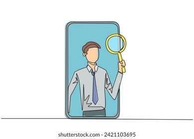 Continuous one line drawing businessman came out of the smartphone screen holding the magnifier. Utilizing internet technology on smartphones to promote business abroad. Single line draw design vector