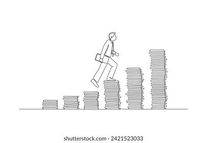 Continuous one line drawing of businessman stepping up on rising money coin stack, income growth or investment success concept, single line art. 