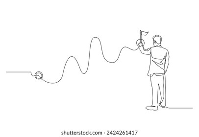 Continuous one line drawing of businessman drawing path from start to finish, plan to reach goal or target concept, single line art.