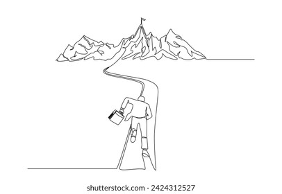 Continuous one line drawing of businessman running on route to reach flag on mountain top, commitment to achieving business goal or mission concept, single line art.