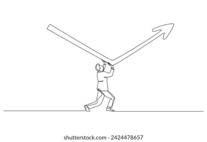 Continuous one line drawing of businessman pushing falling arrow to rising up, economic recovery, stock market rebound concept, single line art.