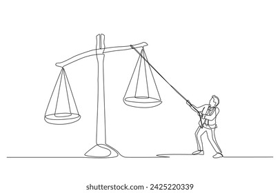 Continuous one line drawing of businessman pulling rope to balance justice scale, business ethics concept, single line art.