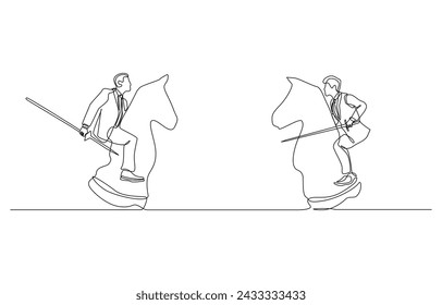 Continuous one line drawing of businessman with sword riding knight chess ready to fight opponent, business competition concept, single line art.
