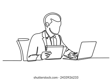 Continuous one line drawing of businessman working with laptop and documents. Continuous line style. Hand drawn. Vector design. Illustration