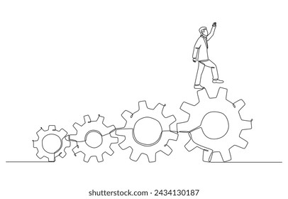 Continuous one line drawing of businessman stepping from small cog to larger cog, development in jop position or career growth concept, single line art.