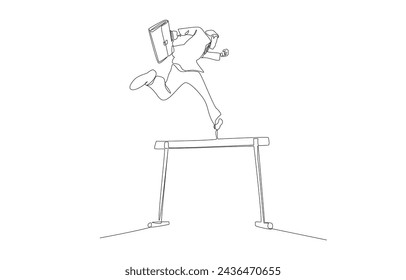 Continuous one line drawing of businessman jumping over hurdle from low angle view, overcome business obstacle concept, single line art.