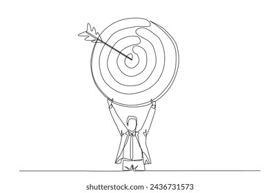 Continuous one line drawing of businessman holding archery target with arrow at bullseye, business success or mission complete concept, single line art.