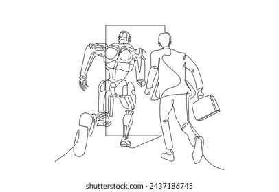 Dibujo continuo de una línea de hombre de negocios y robot que compite para entrar a la puerta primero, humano versus IA, concepto de empleo, arte de una sola línea.