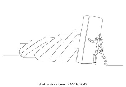 Continuous one line drawing of businessman stopping domino effect, risk management, preventing damage from crisis concept, single line art.