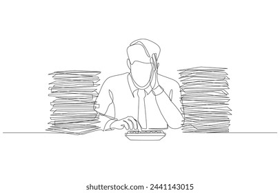 Continuous one line drawing of businessman using calculator among piles of documents, accounting and internal auditing concept, single line art.