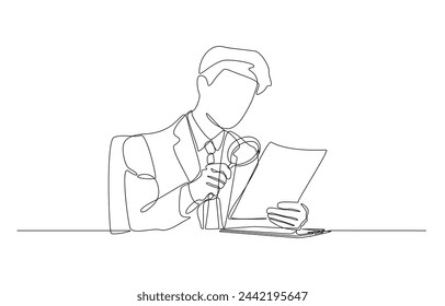 Continuous one line drawing of businessman using magnifying glass to check documents, document checking, budget analysis, contract validation concept, single line art.