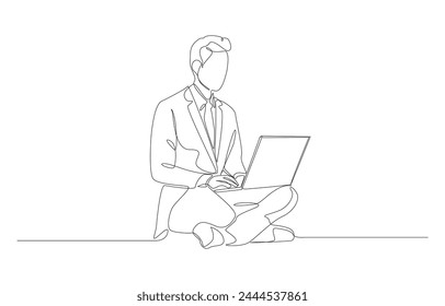 Continuous one line drawing of businessman sitting cross-legged on the floor working with laptop, business concept, single line art.