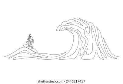 Dibujo continuo de una línea de hombre de negocios surfeando gran ola oceánica, desafío empresarial o superar la dificultad en el concepto de trabajo, arte de una sola línea.
