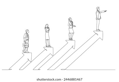 Continuous one line drawing of businessman leading colleagues on growth arrow, leadership and teamwork concept, single line art.