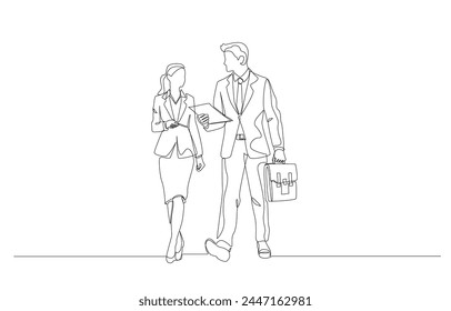 Continuous one line drawing of businessman and businesswoman talking about work while walking, business discussion concept, single line art.