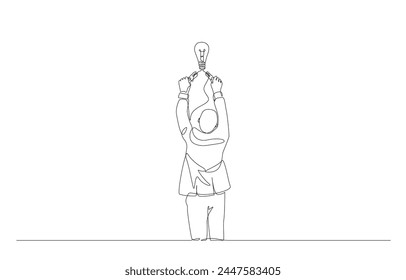 Continuous one line drawing of businessman using jump starter to light up light bulb, start new business idea concept, single line art.