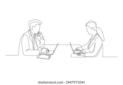 Continuous one line drawing of businessman and businesswoman working on same table, business working concept, single line art.