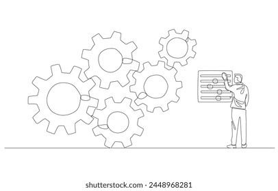 Continuous one line drawing of businessman controlling cogwheel system for best performance, workflow management or working optimization concept, single line art.