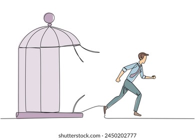 Continuous one line drawing businessman trapped in the cage running through the cage. Metaphor penetrates the maximum limit of self. Desire to succeed. Single line draw design vector illustration