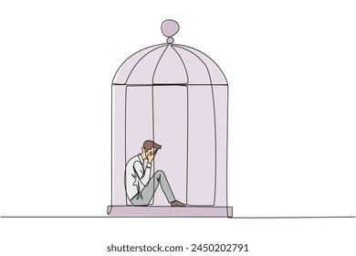 Continuous one line drawing businessman trapped in the cage sitting covering face. Feel utterly defeated. Trapped in a dirty business. Mentally tired. Lost. Single line draw design vector illustration