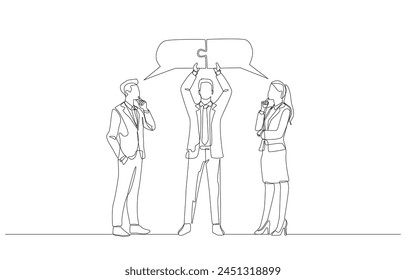 Continuous one line drawing of businessman connecting bubble thoughts of coworkers, business mediation, conciliator of opinions in work concept, single line art.