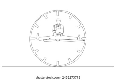 Kontinuierliche Einzeilenzeichnung eines Geschäftsmannes, der mit auf Uhrzeigern gespreizten Beinen sitzt und mit Laptop arbeitet, flexibles Arbeitskonzept, Einzelzeilenkunst.
