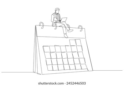 Continuous one line drawing of businessman sitting on top of desk calendar working with laptop, working according to specified work schedule concept, single line art.