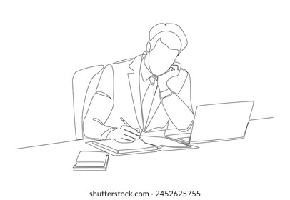 Dibujo continuo de una línea del hombre de negocios que trabaja delante de la computadora portátil con la cara que toca a mano, creatividad en el concepto del trabajo, arte de la sola línea.