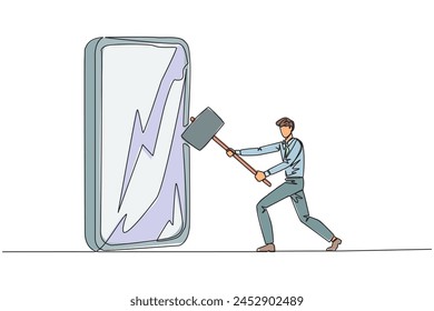 Continuous one line drawing businessman preparing to hit big smartphone. Rampage. Technology can destructive if not use properly. Intelligence is required. Single line draw design vector illustration