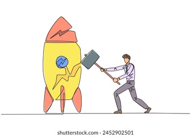 Continuous one line drawing businessman preparing to hit a standing rocket. Rampage. Not ready to accept new technology. Not ready for competition. Lost. Single line draw design vector illustration