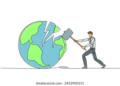 Continuous one line drawing businessman preparing to hit the big globe. Disappointed with the world. Businesses fall apart before it grow. Deepest anger. Single line draw design vector illustration