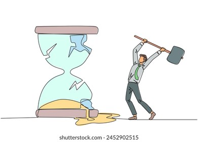 Continuous one line drawing businessman preparing to hit the big hourglass. Remove reminders. Work without rules. Undisciplined. Detrimental to the company. Single line draw design vector illustration