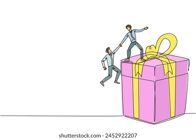 Continuous one line drawing businessman helps colleague climb big gift box. Integrated teamwork to reach the highest level for rewards. Helping each other. Single line draw design vector illustration