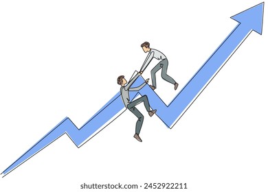 Continuous one line drawing businessman helps colleague to climb the rising arrow symbol. Help each other to achieve satisfactory targets. Grow together. Single line draw design vector illustration