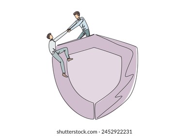 Continuous one line drawing businessman helps colleague climb big shield. Teamwork keeps colleagues safe from evil businessman. Support and help each other. Single line draw design vector illustration