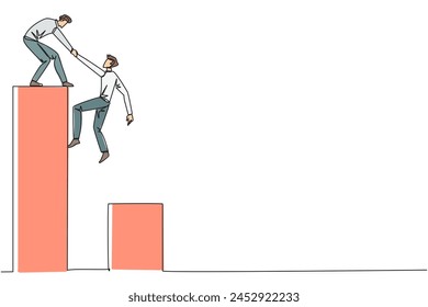 El empresario de dibujo continuo de una línea ayuda a su colega a subir el gráfico de barras. Ayudando a subir a tierras más altas. Avancemos y triunfemos juntos. Trabajo en equipo. Ilustración vectorial de diseño de dibujo de una sola línea