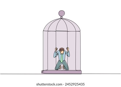 Continuous one line drawing businessman trapped in cage kneeling holding iron bars. Framed by business partner. Have to bear all the consequences. Unfair. Single line draw design vector illustration