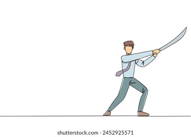 Continuous one line drawing businessman holding samurai. Stylized like samurai athlete guarding the business. Prepared to eliminate disrupt business growth. Single line draw design vector illustration