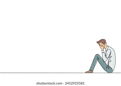 Continuous one line drawing businessman sitting while covering face. A sad businessman bemoans the fate of business. Failure to develop business unit. Single line draw design vector illustration