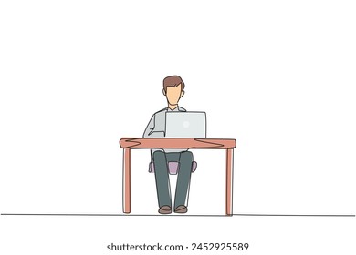 Continuous one line drawing businessman sitting and typing on laptop computer. Prepare important data to presenting in front of new investors. Hectic. Single line draw design vector illustration