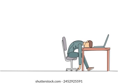 Continuous one line drawing businessman fell asleep in front of a laptop computer. Fatigue running a business. Mental health problem. Exhausted, bored. Single line draw design vector illustration