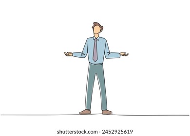 Continuous one line drawing businessman standing straight with open arms. Lonely and sadness businessman lamenting undeveloped business. Unhappy manager. Single line draw design vector illustration