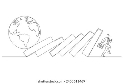 Continuous one line drawing of businessman running away from falling dominoes from earth attack, loss of business due to global recession concept, single line art.