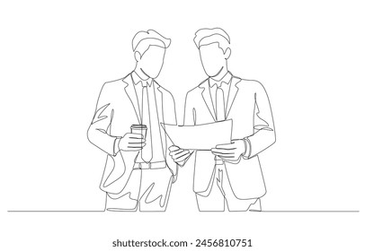 Continuous one line drawing of businessman holding report document to discuss work with colleague, business working, collaboration concept, single line art.