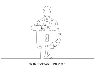 Continuous one line drawing of businessman holding briefcase with keyhole symbol, business secret concept, single line art.