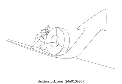 Continuous one line drawing of businessman pushing pie chart upwards along rising arrow, increasing performance or boosting productivity concept, single line art.